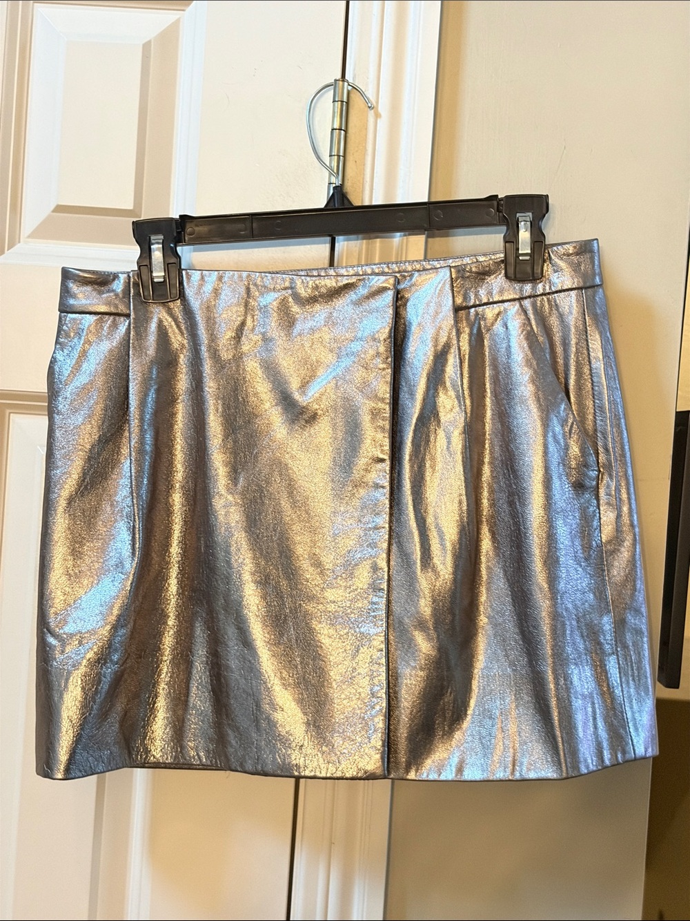 Diane Von Furstenberg Metallic Silver Leather Wrap Mini Skirt, 4